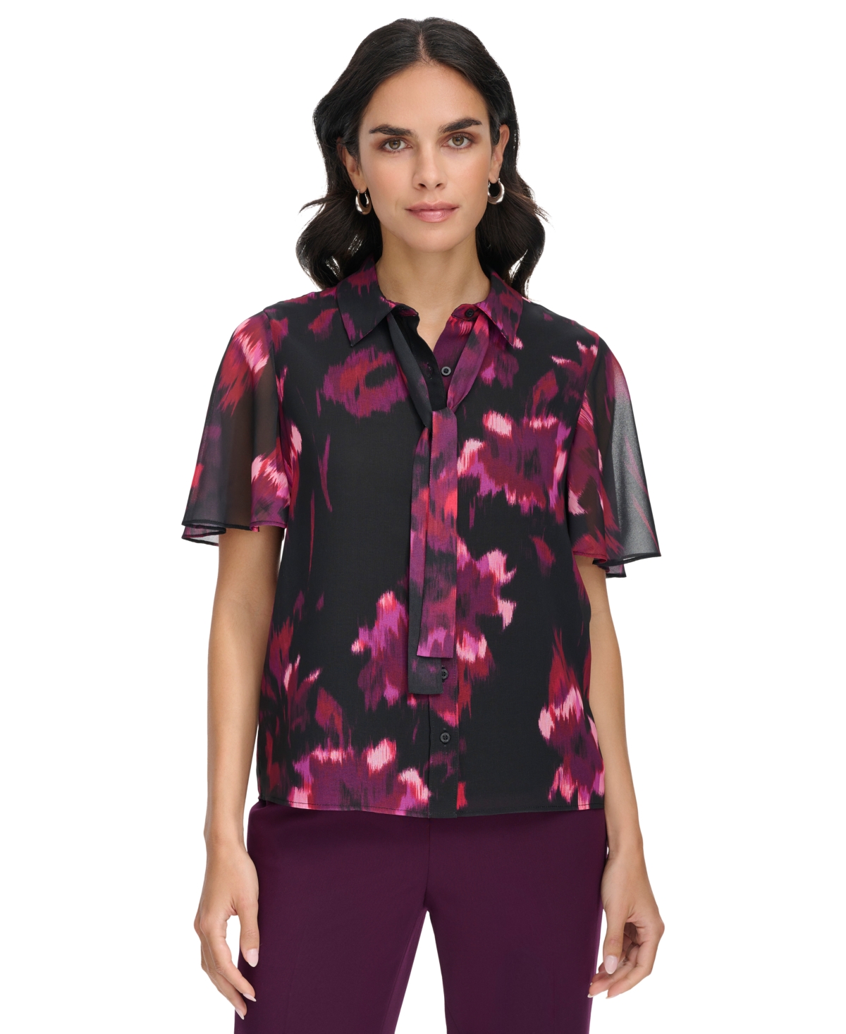 Calvin Klein Women's Collared Tie-neck Short-sleeve Blouse In Blck Multi
