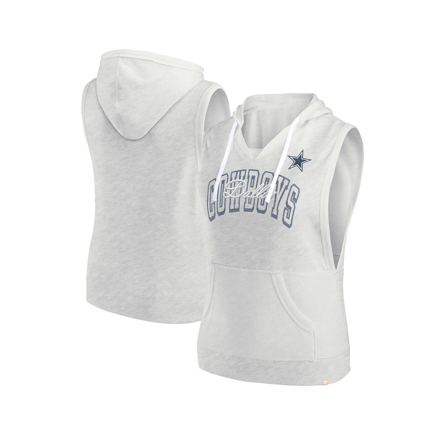 Women's Oatmeal Dallas Cowboys Lounge Script Sleeveless V-Neck Pullover Hoodie
