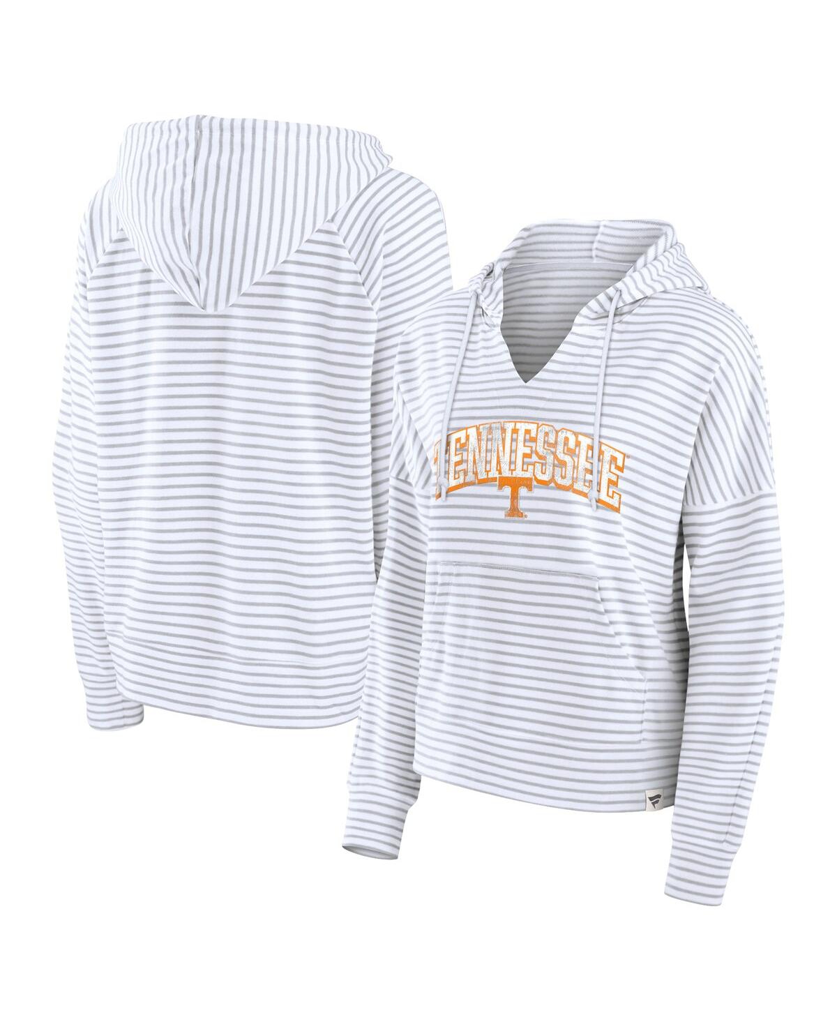 Fanatics Women's White/gray Tennessee Volunteers Arch Logo Striped Notch Neck Pullover Hoodie In White,gray