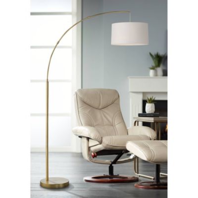 Cora Modern Arc Floor Lamp Standing 72" Tall Brass Metal White Linen Drum Shade Decor for Living Room Reading Bedroom Office House Home