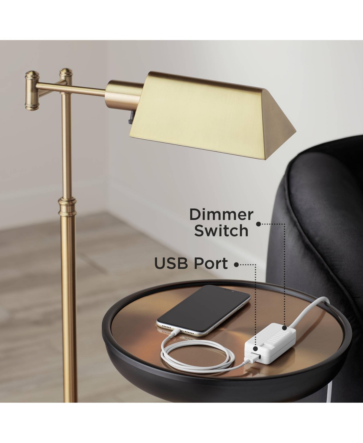 360 Lighting Cora Mid Century Modern Arc Lamps Floor Standing with Usb Charging Port Tall Brass Metal White Linen Fabric Drum Shade for Living Roo