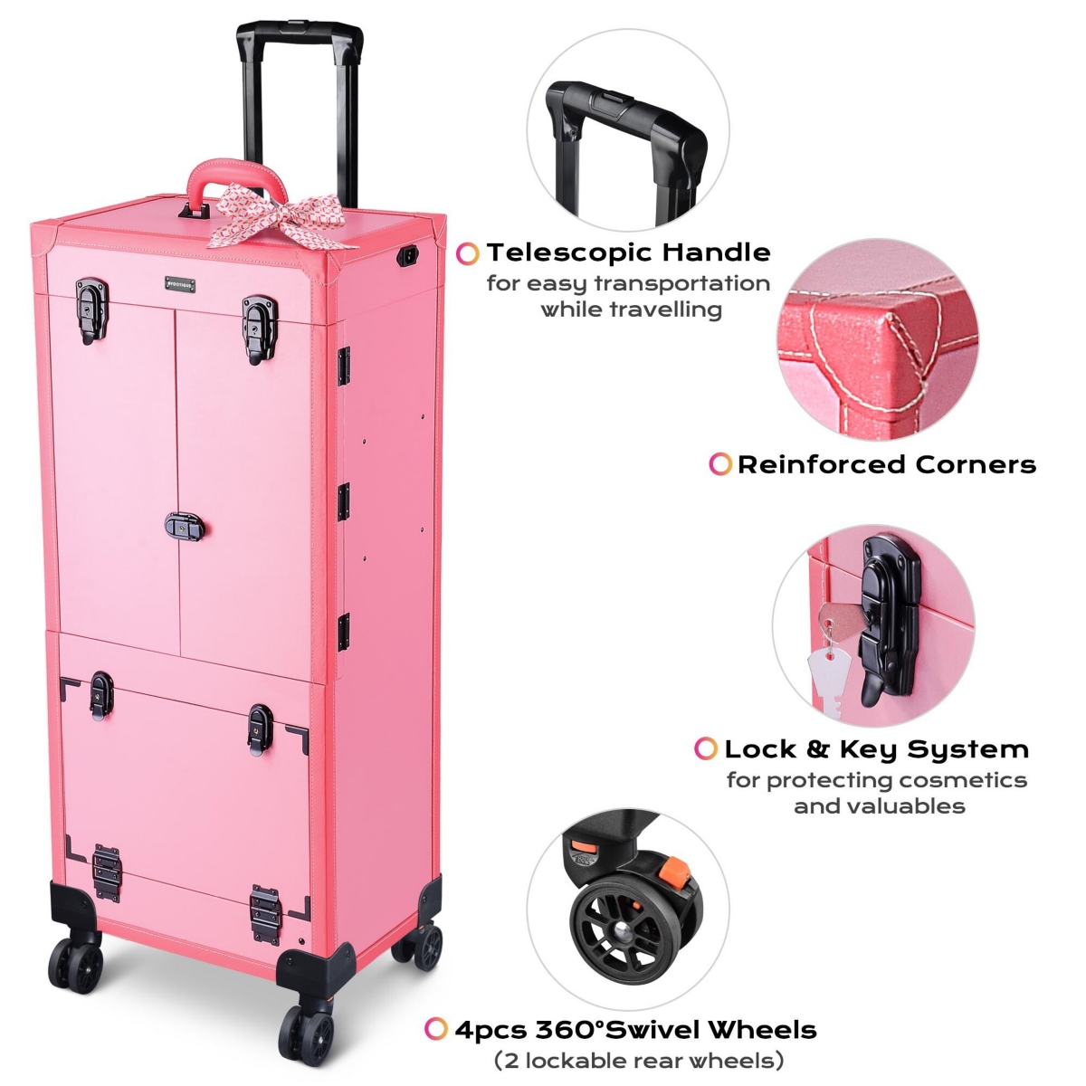Byootique Rolling Makeup Case w/ Lights Mirror Cosmetic Aritist Studio Multi-function Pink