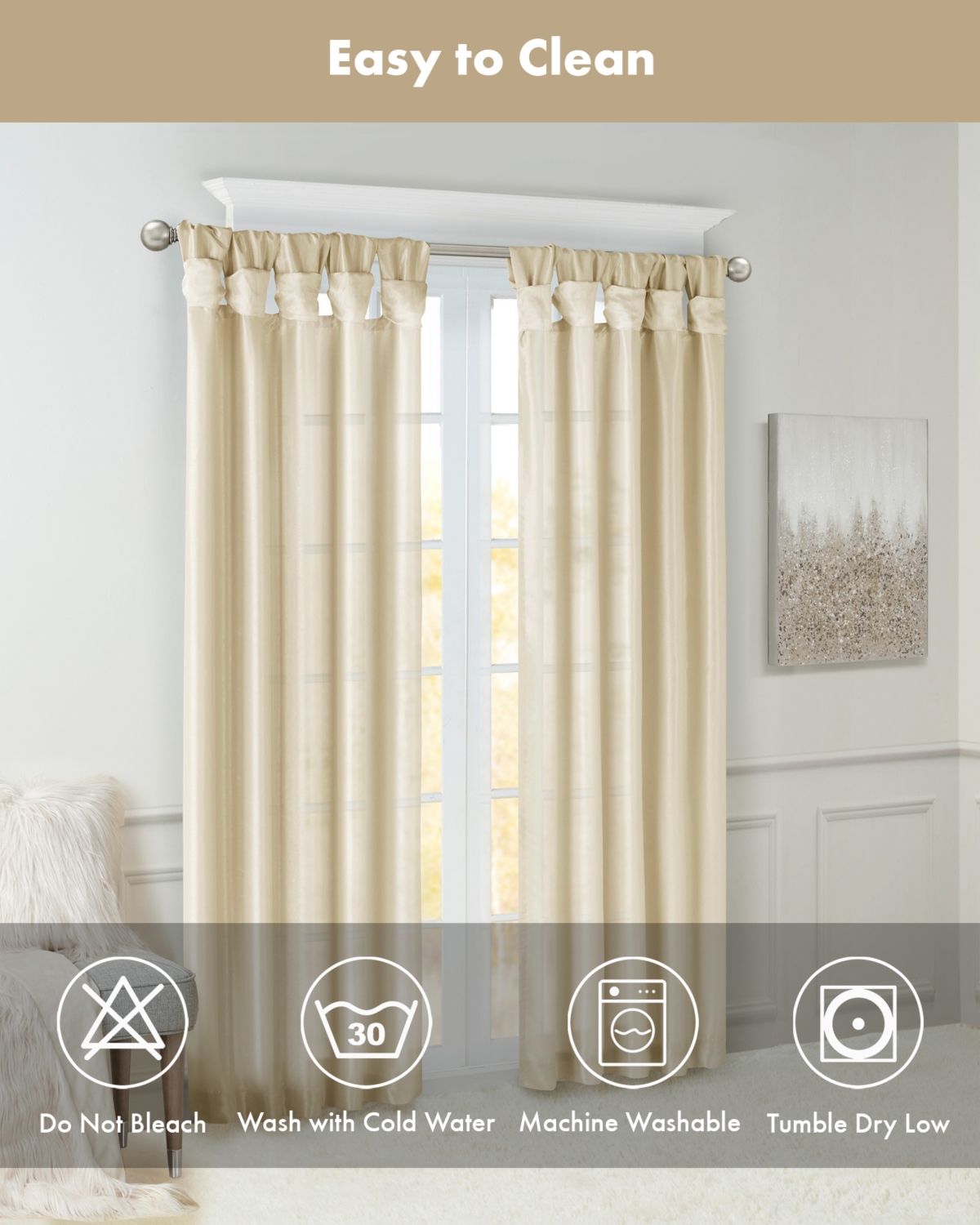Madison Park Emilia Twist Tab Lined blackout curtains for bedroom, Blackout Single Curtain with Privacy Lining for Living Room, Width 50 length 95 inc