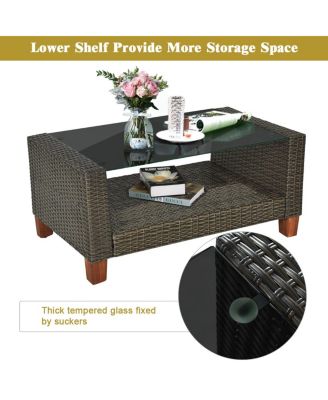 8PCS Patio Rattan Furniture Set Solid Wood Leg Cushioned Sofa Garden Lawn