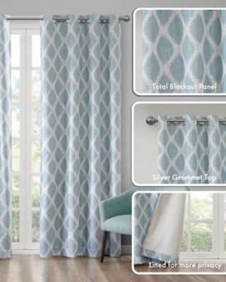 Blakesly Ikat blackout curtains for bedroom, Silver grommet top fit up to 1.25 inches rod Single Curtain Panel for Living Room, Width 50 length 95 inches, Pitch Black Ambiance Aqua Window Panel