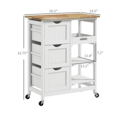 26.5&amp;#x22; Rubberwood, MDF Drawers, Slatted Shelves, Removable Tray, Locking Wheels Bar Serving Cart Rolling Kitchen Cart