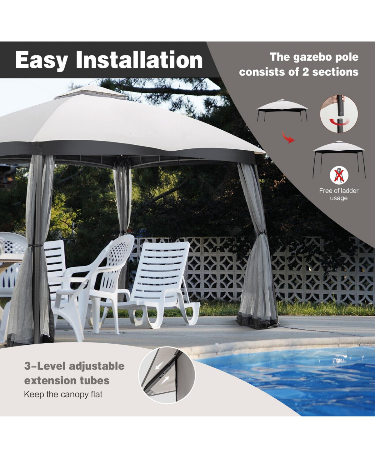 Slickblue 10 x 12 Feet Patio Double-Vent Canopy with Privacy Netting and 4 Sandbags-Grey