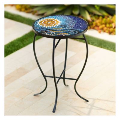 Ocean Modern Black Metal Round Outdoor Accent Side Table 14" Wide Blue Mosaic Tile Tabletop Gracefully Curved Legs Front Porch Patio Home House Balcony Deck Shed Yard