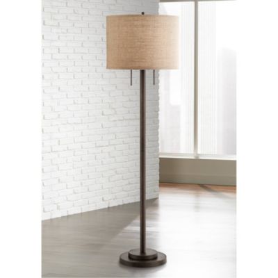 Garth Modern Floor Lamp Standing 63 1/2" Tall Oil Rubbed Bronze Burlap Fabric Drum Shade for Living Room Bedroom Office House Home