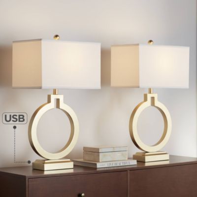 Modern Table Lamps 28 1/2" Tall Set of 2 with USB Charging Port Brushed Gold Open Ring White Shade for Bedroom Living Room House Bedside