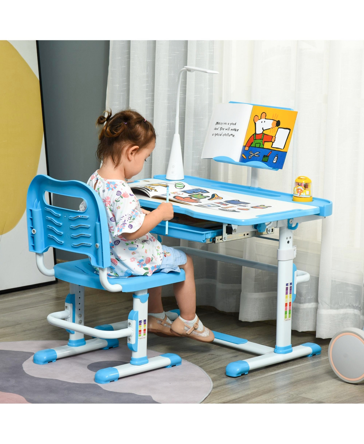 Qaba Kids Desk and Chair Set, Height Adjustable School Study Table and Chair, Student Writing Desk with Tilt Desktop, Led Lamp, Pen Box, Drawer, Readi
