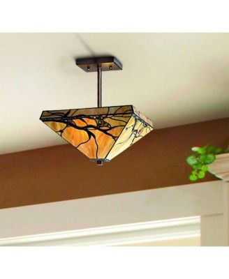 Mission Rustic Ceiling Light Semi Flush Mount Fixture 14" Wide Bronze 2-Light Budding Branch Art Glass Shade for Bedroom Kitchen