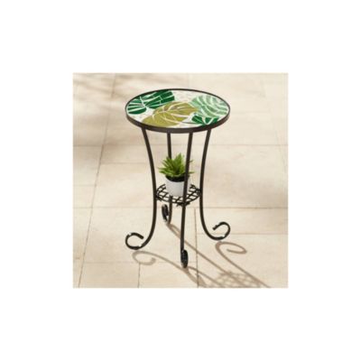 Modern Black Metal Round Outdoor Accent Side Table 14" Wide Green Leaf Mosaic Tabletop for Front Porch Patio Home House