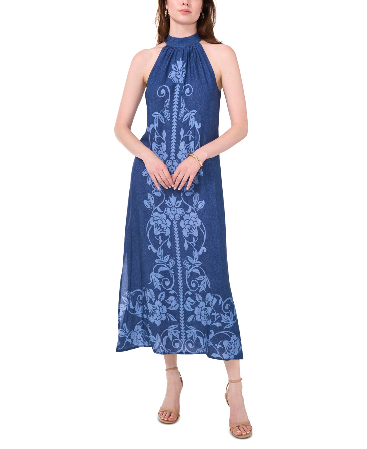 Women's Tie-Back Halter Mock Neck Maxi Dress - Denim/mult