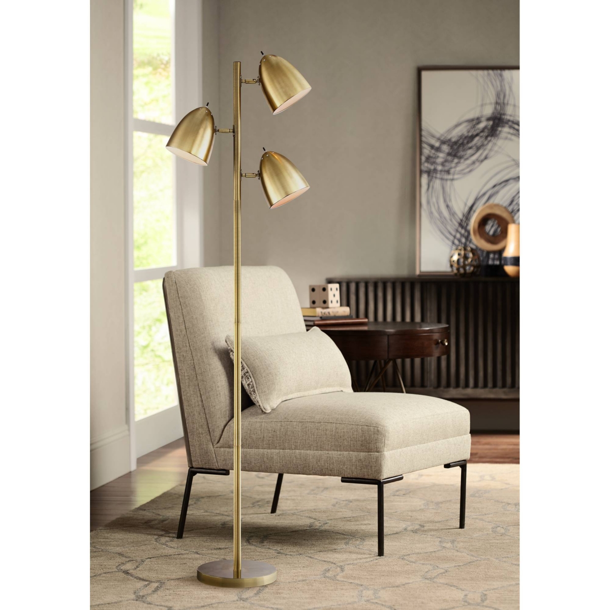 360 Lighting Aaron Mid Century Modern Tree Floor Lamp Tall Aged BrassMetal Adjustable Swivel 3-Light Dome Shade Decor for Living Room Readin