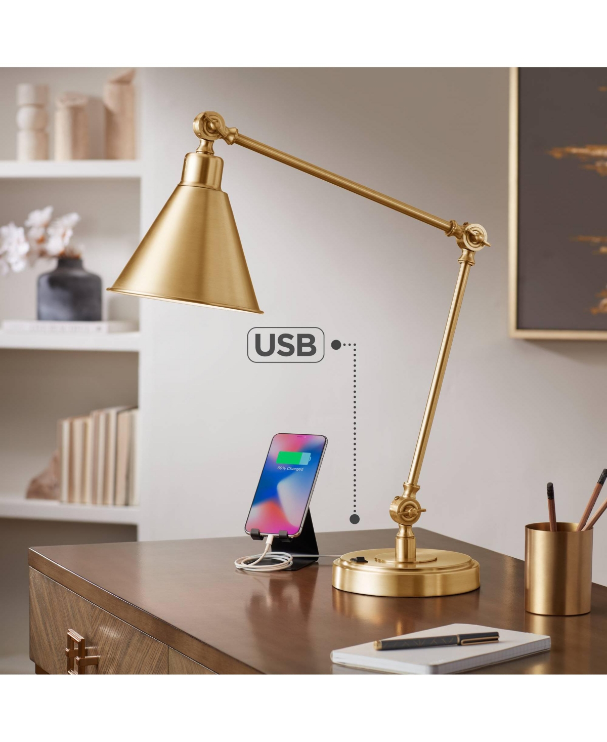 Wray Modern Desk Lamp 26 3/4" High with Usb Charging Port Warm Brass Gold Metal Adjustable Arm Head for Bedroom Living Room House Bedside Nightst