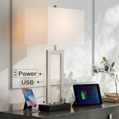 Todd Modern Table Lamp 30" Tall Steel Open Rectangle with USB and AC Power Outlet in Base White Shade for Bedroom Living Room Bedside
