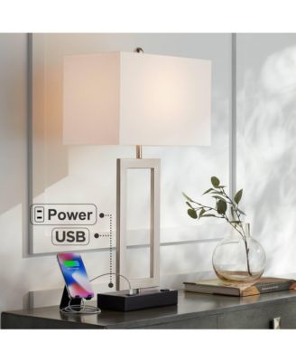 Todd Modern Table Lamp 30" Tall Steel Open Rectangle with USB and AC Power Outlet in Base White Shade for Bedroom Living Room Bedside