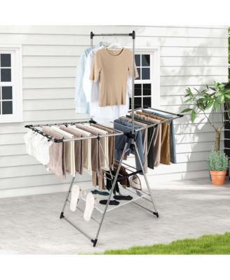 2-Layer Stainless Steel Foldable Drying Rack w/ Hanging Bar & 2 Height-adjustable Wings