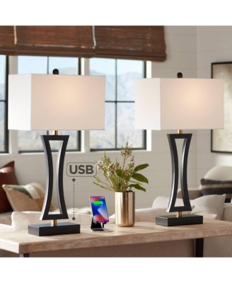 Roxie Modern Table Lamps 31" Tall Set of 2 Black Metal with USB Charging Port White Rectangular Shade for Bedroom Living Room Bedside