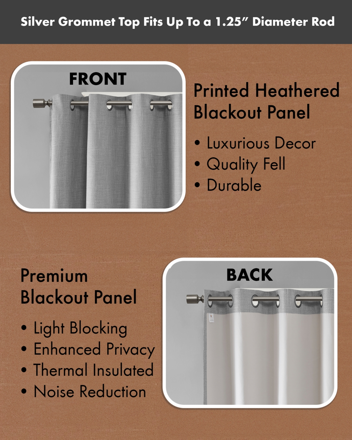 SunSmart Maya Heathered Blackout Curtain 1 Panel for bedroom, Grommet top fit up to 1.25 inches rod Single Curtain Panel for Living Room, Width 50 len