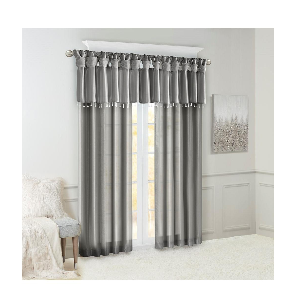 Madison Park Emilia Lightweight Faux Silk Valance With Beads, 26 inch valances for windows, Width 50 length 26 inches, Pewter curtain with valance - C