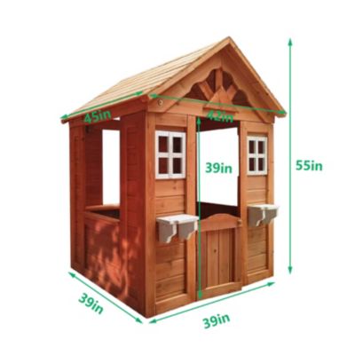 All Wooden Kids Playhouse With 2 Windows And Flower Pot Holder, 42"L x 46"W x 55" H