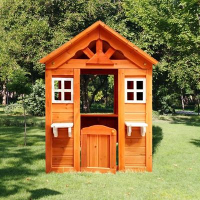 All Wooden Kids Playhouse With 2 Windows And Flower Pot Holder, 42"L x 46"W x 55" H