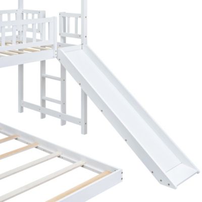 Twin Over Full House Bunk Bed With Slide And Built-In Ladder, Full-Length Guardrail