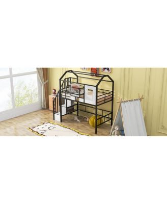 Metal Loft Bed With Roof Design And A Storage Box, Twin