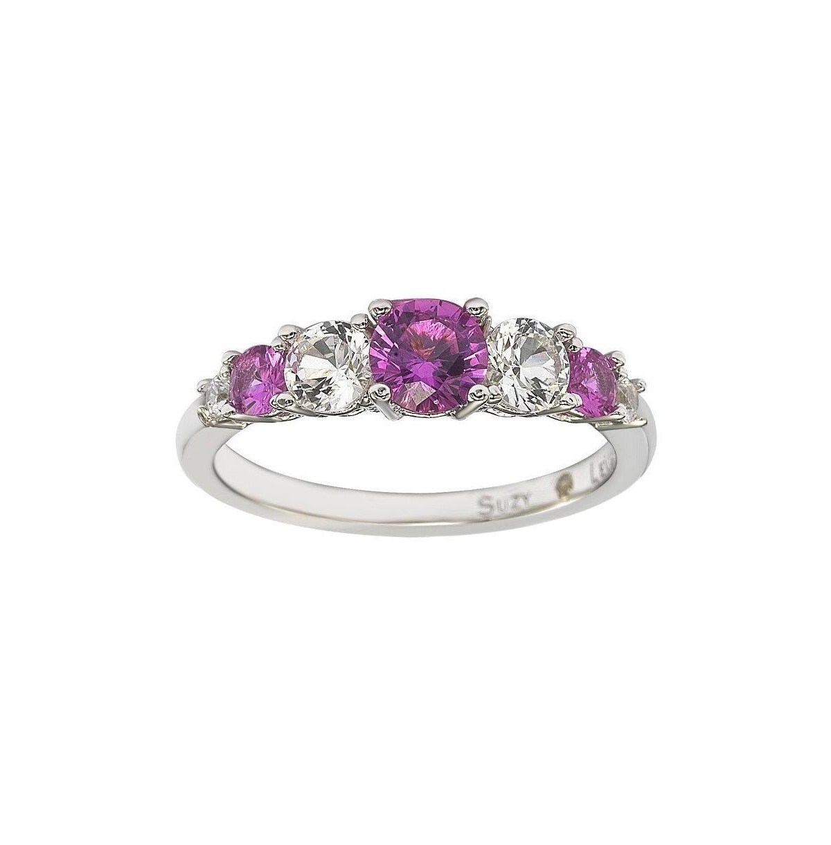 Suzy Levian New York Pink Sapphire Lab Grown White Sapphire 7 Stone Multi Level Band Ring in Sterling Silver by Suzy Levian Pink Smart Closet