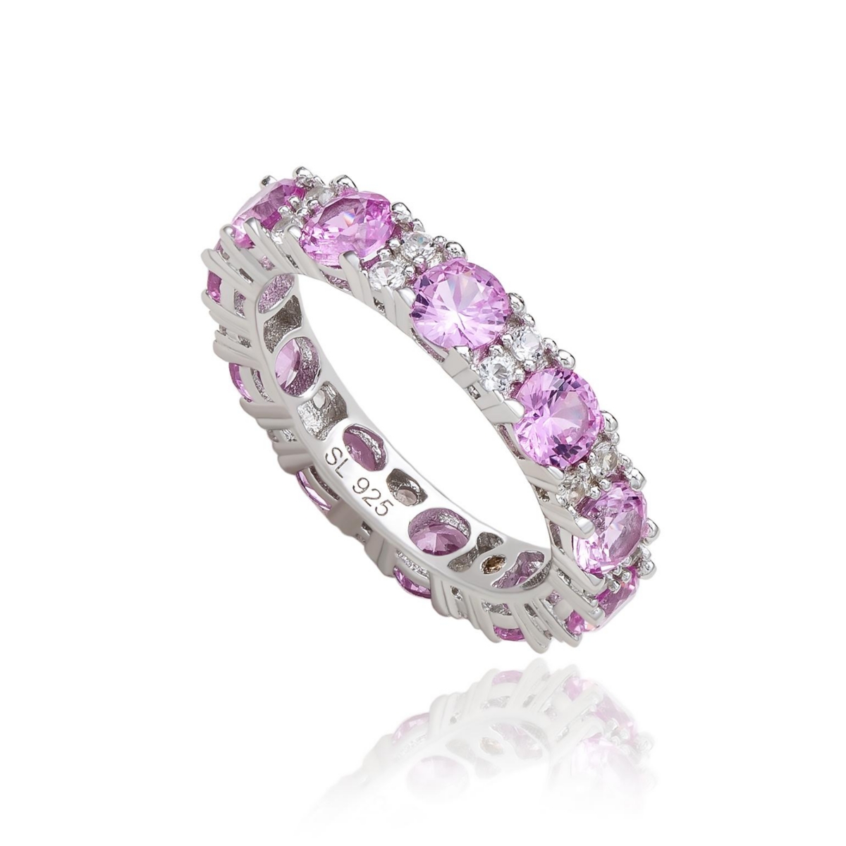 Suzy Levian Sterling Silver Sapphire & Created White Sapphire Round Cut Eternity Band Ring - Pink sapphire