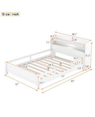 Wood Full Size Platform Bed With Built-In LED Light, Storage Headboard And Guardrail, White