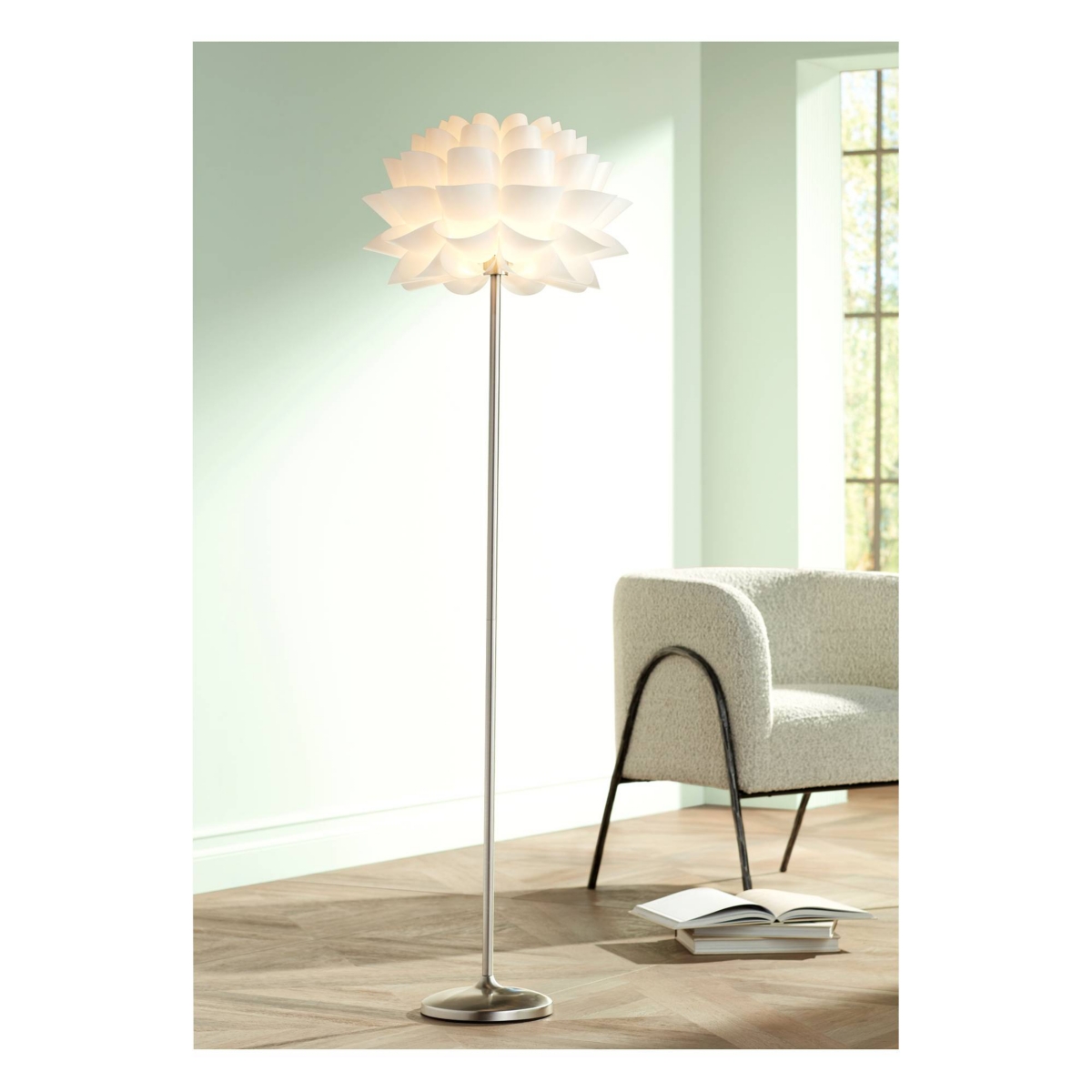 Possini Euro Design Modern Art Deco Floor Lamp Standing Tall Brushed Steel Silver Metal Thin ColumnAcrylic Petal Flower Shade Decor for Liv