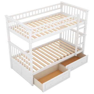 Twin Size Over Pine Wood Bunk Bed With Drawers, Convertible Beds