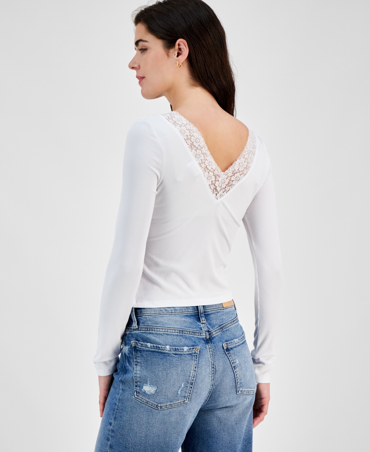 Just Polly Juniors' V-Neck Lace-Trim Long-Sleeve Top
