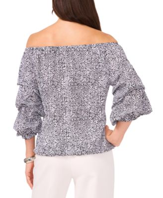 Women's Printed Off-The-Shoulder Bubble 3/4-Sleeve Tie-Front Blouse