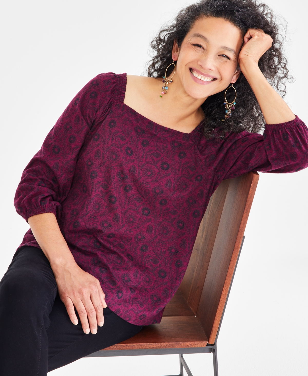 Style & Co Petite Square-Neck 3/4-Sleeve Convertible Top, Created for Macy's