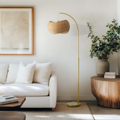 Wave Pendant LED Arc Standing Floor Lamp with Wicker Shade (81")