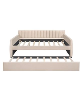 Full Size Upholstered Daybed With Trundle And Wood Slat Support