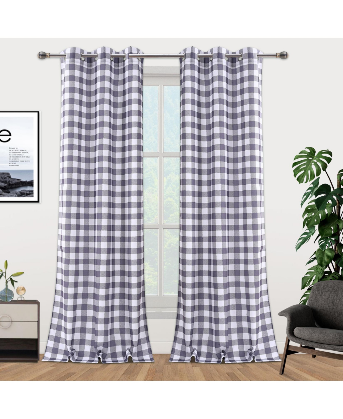 Buffalo Check Print Grommet Window Curtain Panels Set, 37" x 84" - Grey and white