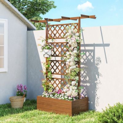 Wood Raised Garden Bed, Planter with Trellis for Climbing Plants