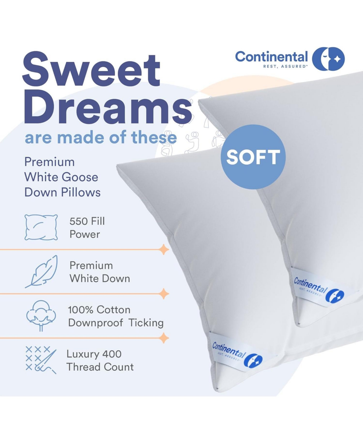 Continental Bedding Luxury Down Pillows Size Set of 2 - 550FP Soft