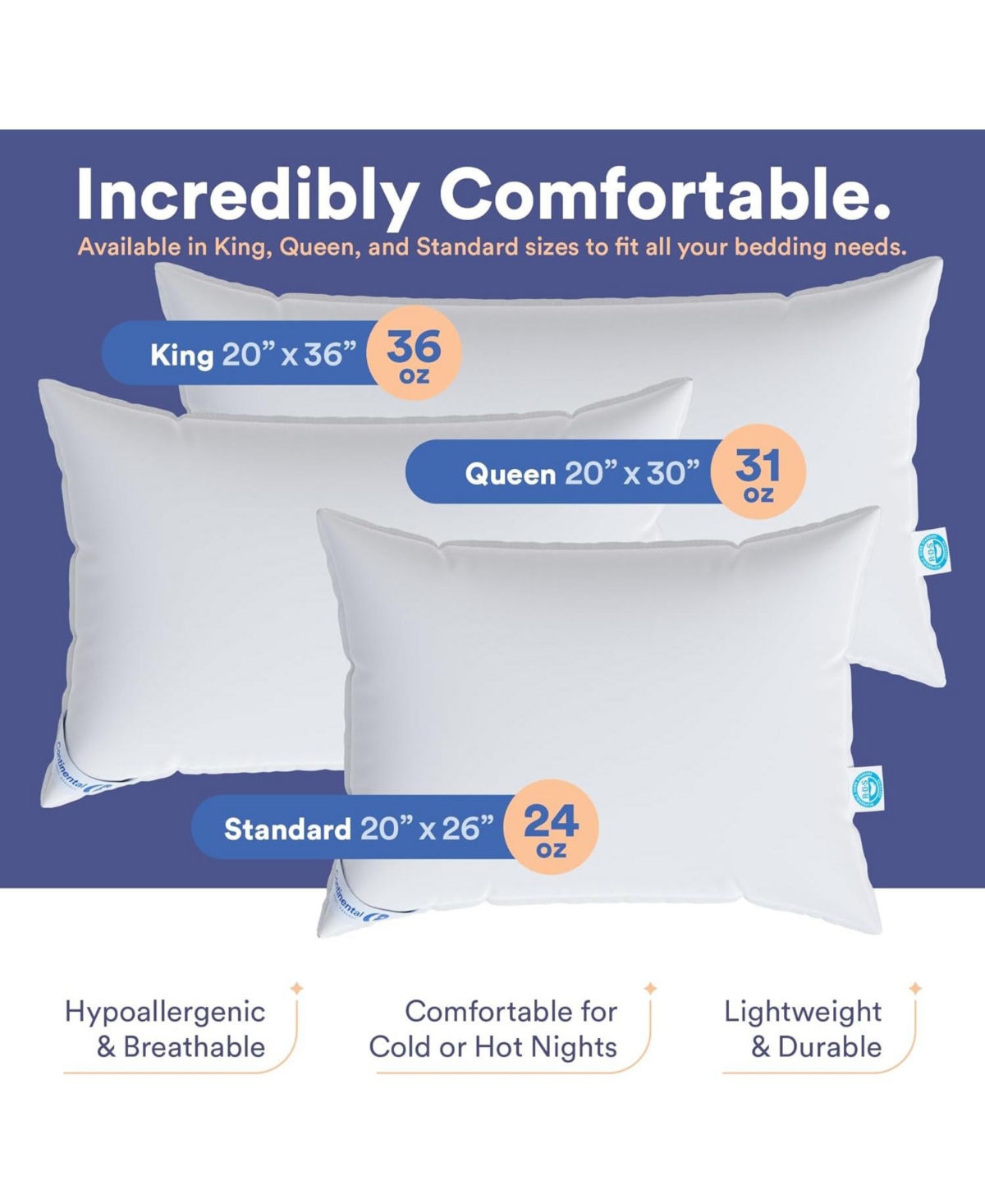 Continental Bedding Luxury Down Pillows Size Set of 2 - 550FP Medium