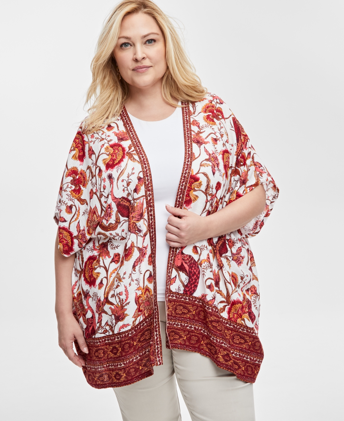 JM COLLECTION PLUS SIZE PRINTED OPEN-FRONT KIMONO TOP, CREATED FOR MACY'S 