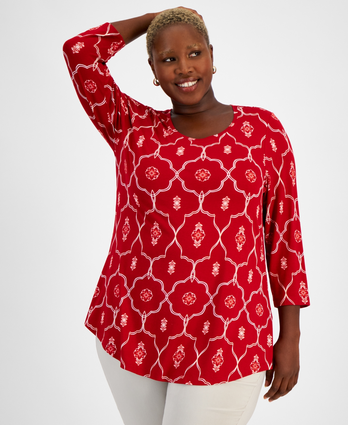 Jm Collection Plus Size Fancy Framework 3/4-Sleeve Top, Created for Macy's