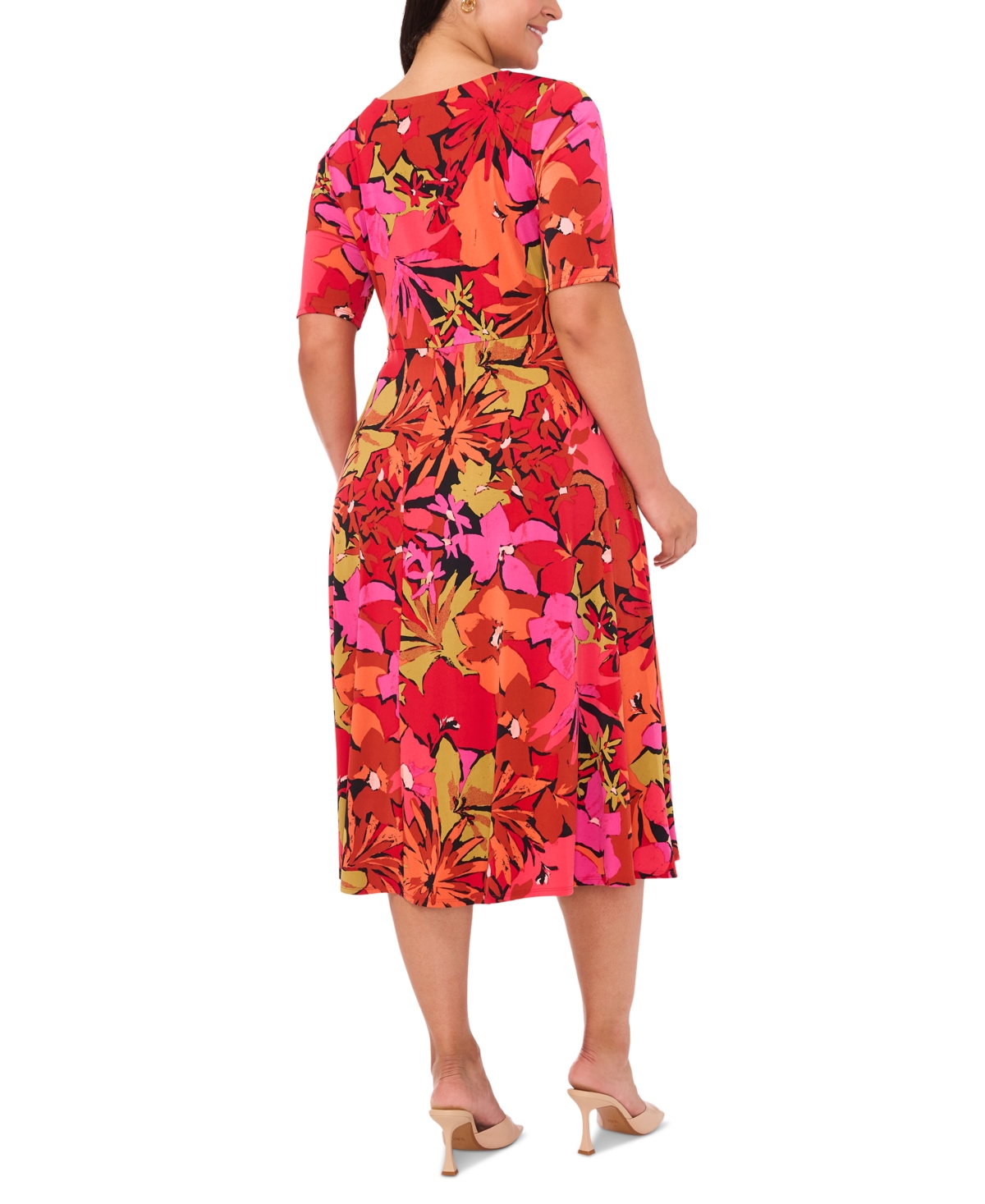 Msk Plus Size Printed Scoop-Neck Elbow-Sleeve Fit & Flare Dress - Black 001