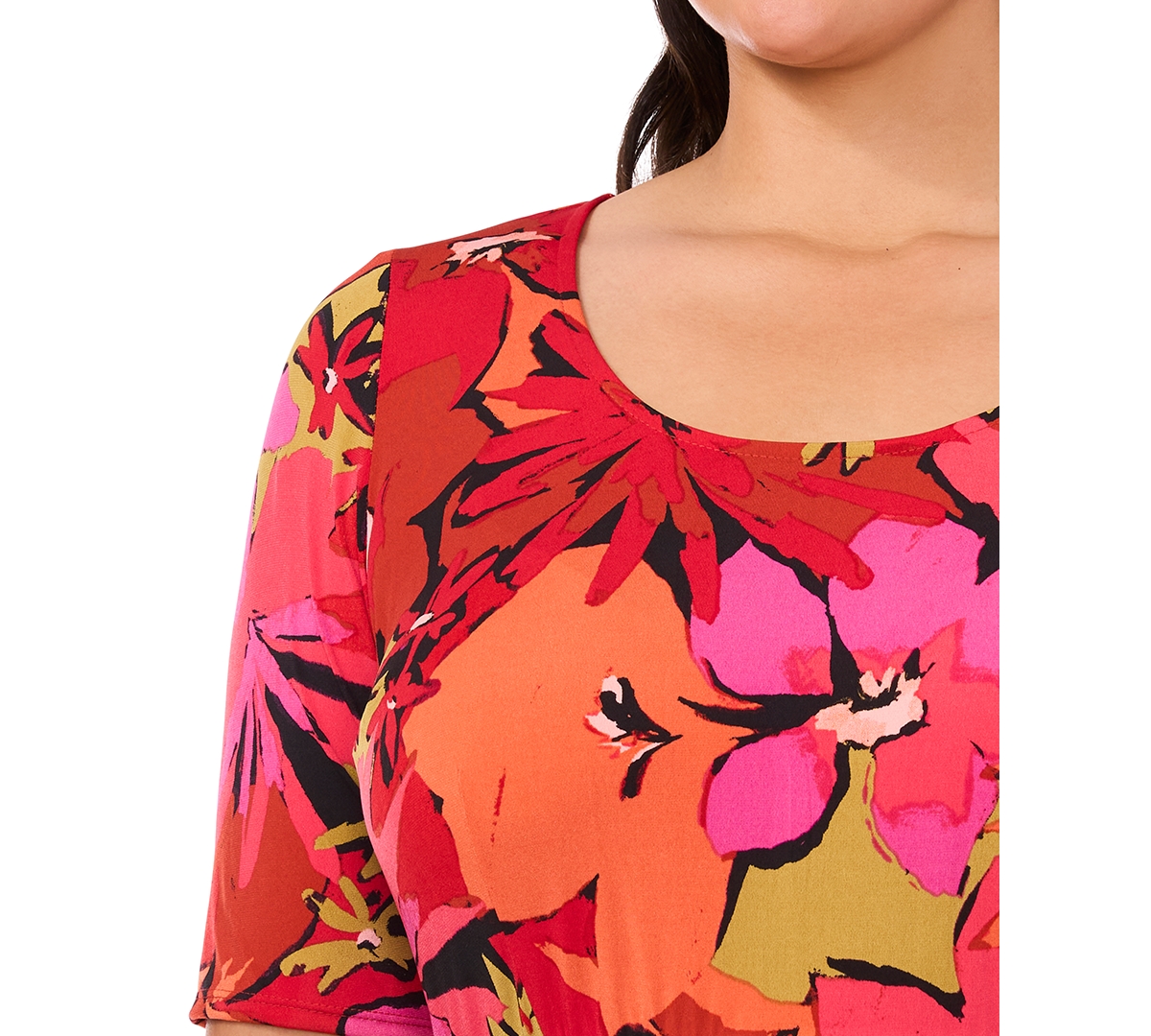 Msk Plus Size Printed Scoop-Neck Elbow-Sleeve Fit & Flare Dress - Black 001