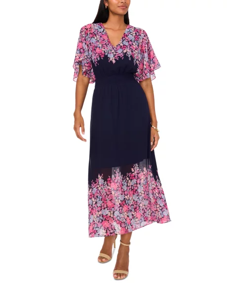 Petite Printed V-Neck Flutter-Sleeve Smocked-Waist Dress - Jbs Navy 4