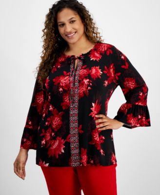 JM Collection Plus Size Printed Tie Neck Tunic Top Created for Macy s Macy s